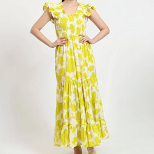 Sati usine femmes décontracté Floral Maxi robe jaune blanc motif à volants manches étage longueur robe de bal taille tombée-pour - Product Image 1