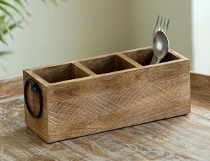 Waved Stationery & Cutlery Holder 3 Partitions Mango Wood Hand-Etched Wooden Utensil Caddy Countertop Cutlery Holder - Product Image 5