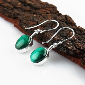 Pendientes de piedras preciosas de malaquita, pendientes de plata de ley sólida 925 con forma ovalada para mujeres y niñas, Pendientes colgantes, joyería de plata - Product Image 3
