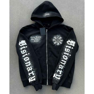 เสื้อฮู้ดสตรีทแวร์ผ้าฟลีซเนื้อหนา ผสมคอตตอน/โพลีเอสเตอร์ เป็นมิตรต่อสิ่งแวดล้อม สำหรับผู้ชาย ล้างสีแบบแอซิดวอช ปักโลโก้ตามสั่ง แบบนูน 3 มิติ - Product Image 1