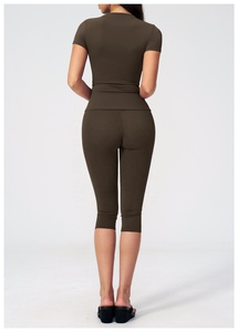 Custom Olive Green 2 Piece 2026 Yoga Set Halter <b>Crop</b> <b>Top</b> High Waist Knee Length Leggings Seamless Solid Color Activewear - Product Image 5