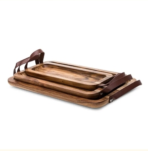 Plateau de service en bois artisanal de qualité supérieure Chêne de pin en forme de rectangle avec poignée en cuir pour la décoration de table et le restaurant - Product Image 2