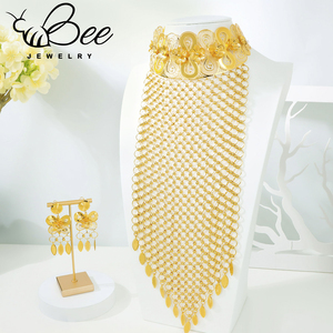 Nouvel ensemble de bijoux de mariage italien luxueux plaqué or 24 carats, collier long ajouré et boucles d'oreilles pour les mariées nigérianes - Product Image 1