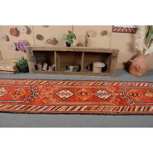 <b>Vintage</b> Turkish <b>Rug</b> Traditional Orange Beige 2,9 X 13,1ft Patchwork Design Wool Viscose Polyester Latex 10mm Rectangle Hallway - Product Image 4