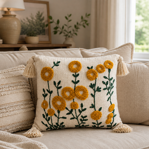 Handmade Cotton Floral Embroidered Throw <b>Pillow</b> with Insert Yellow <b>Flower</b> Meadow Cushion with Tassels for Living Room - Product Image 3