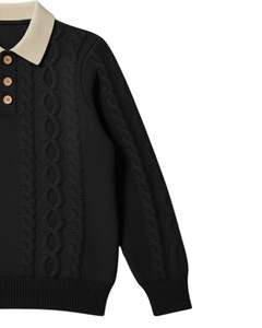 Suéter Polo de Punto Trenzado Personalizado para Hombre, Manga Larga, Cuello con Botones, Cuello en Contraste, Jersey de Invierno en Negro para Venta al por Mayor - Product Image 4