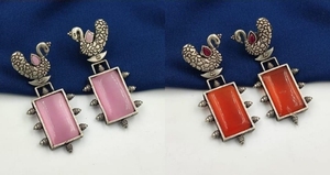 Pendientes de diseño de pavo real oxidado chapados en plata de primera calidad con piedras y gotas de perlas, joyería étnica india tradicional para mujer - Product Image 2