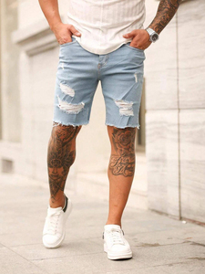 Vente chaude Hommes Coton Denim Casual Shorts Déchiré Brut Ourlet Solide Motif Décoration Personnalisable Tendance Taille Haute Cordon - Product Image 3