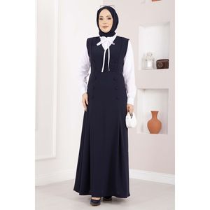 Conjunto de Dos Piezas en Crepé Azul Marino Elegante: Camisa y Chaleco con Botones y Decoración de Logotipo, Conjunto Formal de Top Corto - Product Image 3