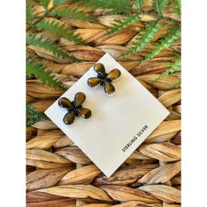 Tigers Eye & <b>Sterling</b> <b>Silver</b> Vintage Flower <b>Stud</b> <b>Earrings</b> Bezel <b>Set</b> - Product Image 3