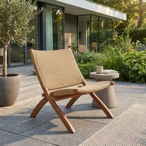Chaise de jardin pliante en teck naturel avec assise en toile tressée, chaise longue pour terrasse, aménagement de terrasse, design décoratif pur et artistique - Product Image 5
