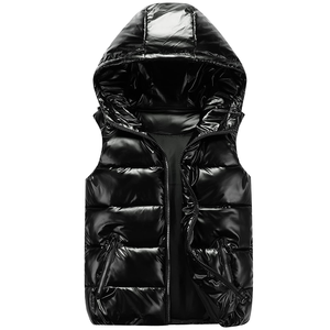 Custom Winter Sleeveless Glossy Puffer <b>Vest</b> Jacket Custom Logo Waterproof Shiny Bubble <b>Men's</b> <b>Vests</b> With Hoodie - Product Image 6