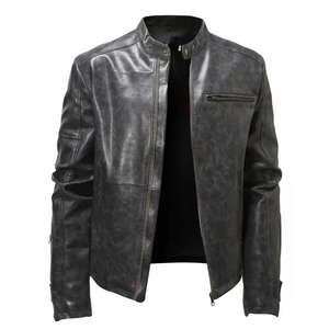 Veste en cuir à col montant pour hommes Veste de moto ample rétro solide à la mode pour hommes Expédition DDP - Product Image 2