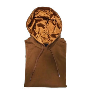 Custom Logo 100% Cotton Oversized <b>Men's</b> Solid Winter Fleece <b>Lined</b> Silk Satin Pullover <b>Hoodie</b> - Product Image 4