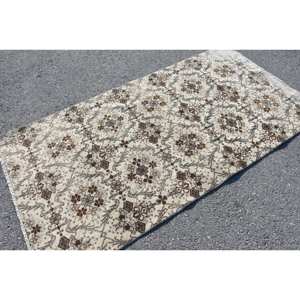 Alfombra de área de lana turca Vintage 36X69 pies Beige y marrón diseño de retales de tejido plano para decoraciones de sala de estar respaldo de látex - Product Image 2