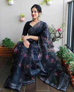 Amazing Color Western Style Beautiful Flower Printed Faux Fur Customized Color <b>Party</b> First Time Dry Clean Minute Draped Saree - Product Image 2