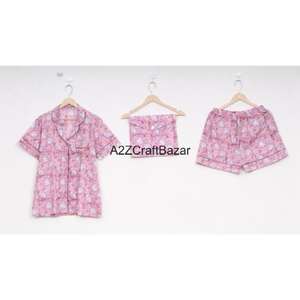 Ensemble de pyjama pour femmes en coton 100% pur, élégant, à motifs floraux imprimés en bloc, manches courtes, col en V, fermeture à cordon de serrage doux - Product Image 2