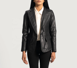 Chaqueta de Cuero Sintético Acolchado, Negra, con Cuello Camisero, Botón Único, Corte Entallado, Estilo Casual Elegante, Manga Regular, Estilo Otoñal - Product Image 4