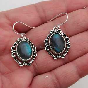 925 Sterling <b>Silver</b> <b>Dangle</b> <b>Earrings</b> with Natural Labradorite Oval Gemstone Handmade Boho Birthstone Jewelry Gold Material - Product Image 5