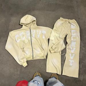 Conjunto de Sudadera con capucha y cremallera lavada vintage con estampado de logotipo personalizado Parche con logotipo bordado de chándal de dos piezas para estilo informal de otoño - Product Image 3