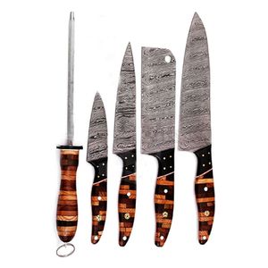 Vente en gros personnalisé OEM ODM coutellerie artisanale ensemble de couteaux de chef damas ensemble de couteaux de cuisine manche en bois et couverture en cuir - Product Image 1