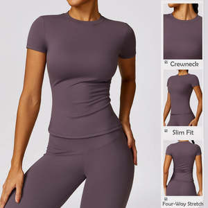 Camisetas de yoga ajustadas de alta calidad para mujer, cuello redondo, manga corta, gimnasio, camisetas en blanco, compresión personalizada - Product Image 4