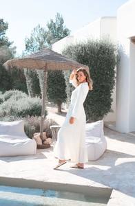 Maxi vestido informal acampanado bohemio de primera calidad para mujer cintura ajustable manga acampanada cuello redondo drapeado aspecto viscosa estilo Resort - Product Image 3