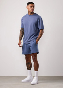 Venta caliente Deep Indigo Oversize Fit 2 piezas de tela de algodón lavado Conjunto de camiseta y pantalones cortos para hombre Gimnasio y entrenamiento Playa y ropa de calle - Product Image 3