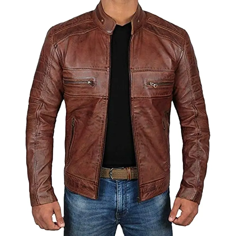 New Brown Leather Jacket Men's Real Cow skin Leather Distressed Motorcycle Jacket Men's Leather Jacket