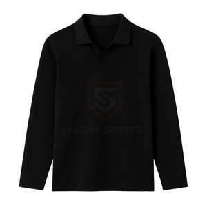 Polo à col Johnny noir pour homme, manches longues, tricoté, patte de boutonnage ouverte, col en V, coupe ajustée décontractée, pull tendance, luxe - Product Image 4