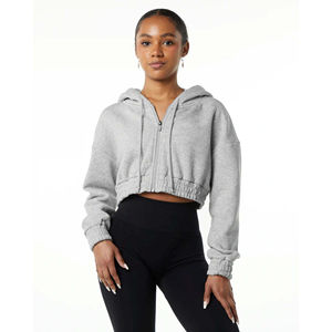 55% coton, 45% Spandex Goutte Épaule Style Surdimensionné Coupe Courte Heather Gris Femmes Classique Capital Full-Zip Crop Hoodie - Product Image 1