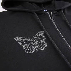Fábrica OEM venta al por mayor de alta calidad 100 algodón Zip Up Rhinestone mujeres sudaderas con capucha transpirable Rhinestone Sudadera con capucha 2024 - Product Image 2