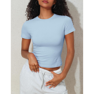 Camiseta de algodón de manga corta para mujer, informal, ligera, suave, a la moda, de color liso, holgada, estilo crop, para uso diario - Product Image 6