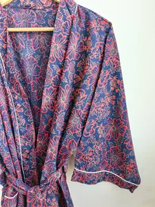 Kimono moderne de luxe en coton à imprimé floral Robe de bain pour femmes Longueur au sol avec volants Taille naturelle de l'exportateur indien - Product Image 3