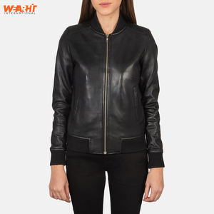 Chaqueta de bombardero con cremallera ajustada de cuero genuino negro para mujer, prendas de vestir exteriores informales con cuello levantado, abrigo de moda con logotipo personalizado transpirable - Product Image 1