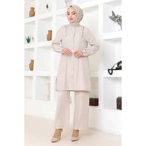 Conjunto de 2 Piezas para Mujer, Estilo Casual, Color Beige, con Detalle de Volantes, Top Largo, Pantalones Cortos a la Rodilla, Cuello Redondo, 100% Poliéster-MSW19224-3 - Product Image 3