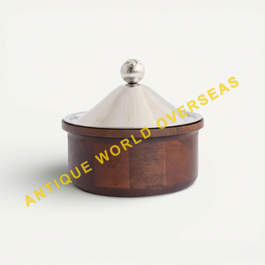 Premium Table Serving Pot Luxury Wooden Insulated <b>Hot</b> Pot Silver Low-Profile Cylindrical Stainless Steel Interior Polished - Product Image 2