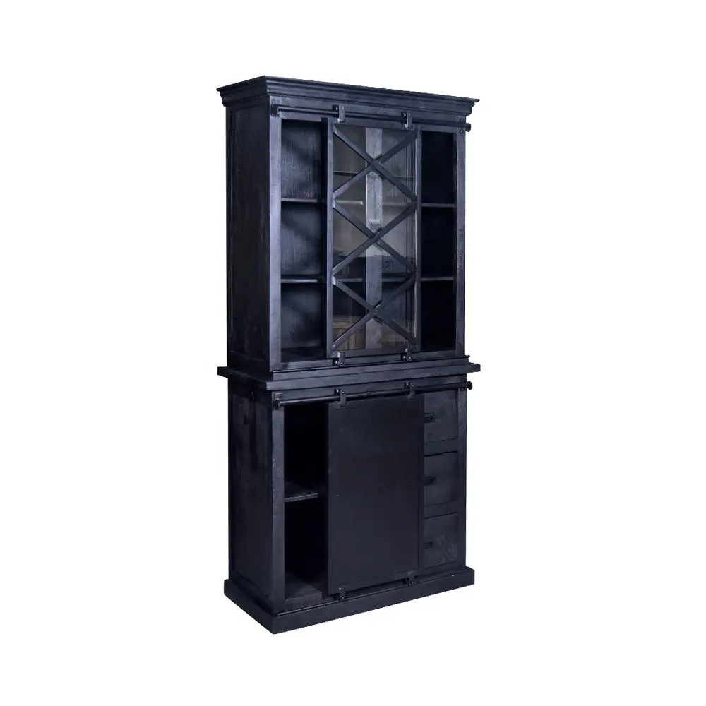 Industrial Iron & Solid Wooden Wall Display Cupboard Storage Sideboard In Two Part Drawers And Glass Sliding Door Black Cabinet