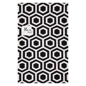 Alfombra de lana copetuda a mano de diseñador moderno de tamaño personalizable, marfil blanco y negro abstracto para sala de estar - Product Image 1