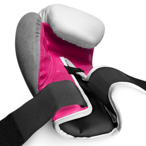 ถุงมือชกมวยป้องกันมือสองชั้นสำหรับทุกเพศถุงมือฝึกชกมวยหนัง PU สีชมพูสีขาวดีไซน์ล่าสุด - Product Image 2