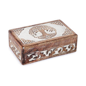 Decorative Wooden <b>Jewelry</b> Box <b>Tree</b> of Life Design Burnt White Wash Color Mango Wood Box for Multipurpose Use at Wholesale Price - Product Image 1