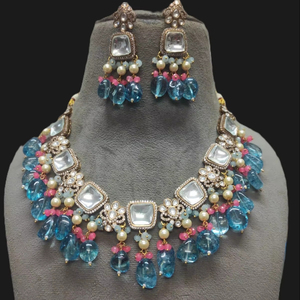 Conjunto de collar Polki de diseñador con pendientes chapado en oro mate para celebraciones de bodas y fiestas joyería de latón de circón de piedra principal - Product Image 1