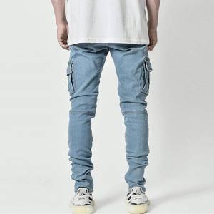 Rue élastique Jeans hommes Denim Cargo pantalon lavage couleur unie Multi poches décontracté taille moyenne pantalon Slim Fit usage quotidien Joggers - Product Image 3