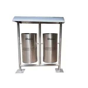 Pole Mounted Dustbin with Roof Double Pole Dustbin Trash Can Garbage Waste