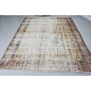 7.3x9.1 ft Vintage Large Rug, White <b>Brown</b> Turkish Camouflage <b>Wool</b> Rug - Product Image 3