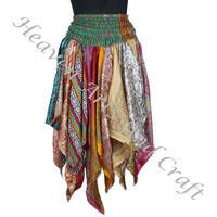 Falda Midi DS024 con Estampado de Pescado, Estilo Gitano Tribal, Patchwork, Hecha a Mano con Seda de Sari Reciclada, Estilo Casual, Larga, para Festivales de Verano