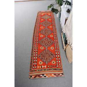 2.5x10.6 ft Turkish Rug, Vintage <b>Runner</b> Rug, <b>Red</b> Brown Oriental Wool Rug - Product Image 1
