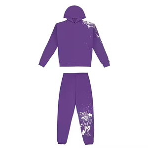 Ensemble de survêtement violet à capuche avec imprimé blanc, coupe classique, sweat-shirt décontracté et pantalon de jogging à taille élastique pour adultes - Product Image 1