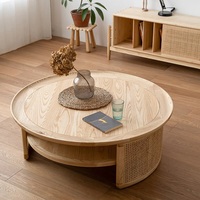 Table basse ronde à deux niveaux en bois avec base en rotin haute résistance, couleur naturelle, table basse pour salon