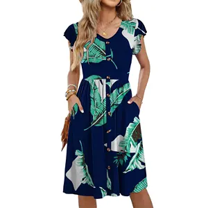Robes d'été de couleur verte et bleue pour femmes, coupe régulière, col en V, manches volantées, robes d'été décontractées fluides, robe midi à boutons floraux - Product Image 1